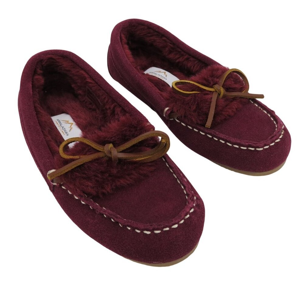 APPALACHIAN TRAIL Women's Burgundy Suede Moccasin Slippers Size 6M Faux Fur